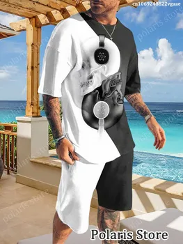Melns Un Balts Vīriešu Apģērbu Komplekts Tracksuit Īsām Piedurknēm T Krekls Pludmales Šorti 2 Gabals Uzvalks Lielgabarīta Gadījuma Tērpiem Sportwear