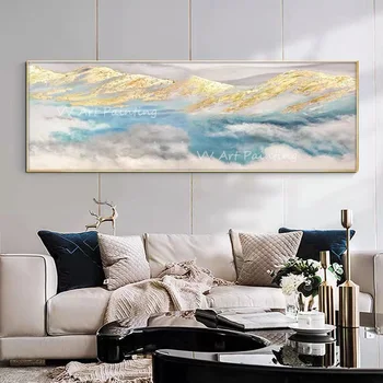 Roku Apgleznoti Augstas Kvalitātes Abstraktā Audekls zelta folija kalnu zilas debesis, Eļļas Glezna Bieza Struktūra, attēlu, mājas apdare