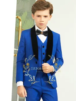 Zēns Formālu Uzvalku 3 Gabals Royal Zila Jaka Bērnu Tuxedos Mazie Bērni Tērpu Kāzu Balli Valkā (Žakete+Veste+Elsas)