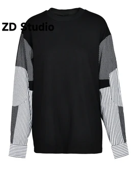 [ZD Studio] Sieviešu Melns Svītrains, Krāsa-bloka Izmēra T-krekls Jaunu Apaļu Kakla garām Piedurknēm Jūra Pavasara Rudens 2023