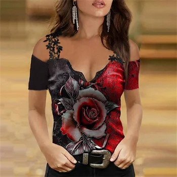 2022 Sievietes Sexy V Kakla Pie Pleca Krekli, Topi Rožu Drukāt Mežģīņu Bikšturi Ar Īsām Piedurknēm T-Krekls Dāmas Gadījuma Brīvs Apģērbs