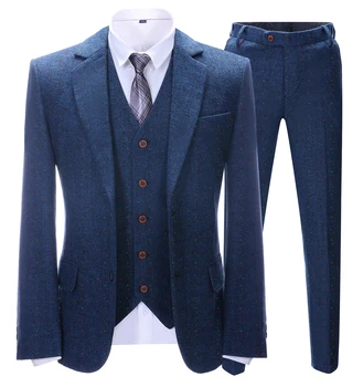 SOLOVEDRESS Vīriešu Uzvalku Oficiālu Skujiņas 3-gabals Zilo Kopu Biznesa Tikšanās Office Pielāgošanas (žakete + veste + bikses)