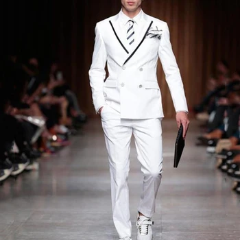 Jauno Modes Balto Vīriešu Uzvalki 2023 2 Gab. Dubultā Krūtīm, Maksimālā Atloks, Slim Fit Oficiālu Kāzu Kostīmi, Žakete+Bikses Kostīmu Homme