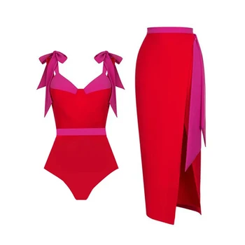 Backless Colorblocking viengabala Peldkostīms Un Cover-Up Sieviešu Peldkostīms 2023 Modes Elegants Bikini Vasaras Brīvdienas Beachwear