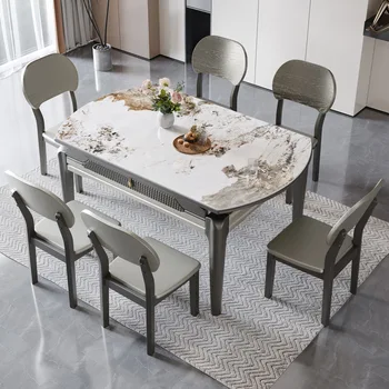 Masīvkoka akmens plāksnes pusdienu galda, mainīgu loka, mazās mājsaimniecības tipa, izvelkams pusdienu galda un krēsla kombinācijā, gaisma