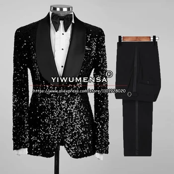 Klasisks Melnā Kostīmi Vīriešu Slim Fit Mirdzoša Sequined Līgavainis Kāzu Uzvalku Tailore-3 Gabali Oficiālā Puse Vīriešu Modes Apģērbi