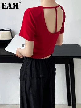 [EAM] Sieviešu Sarkana Backless Dobi Ārā Īss T-krekls Jaunu Apaļu Kakla Īsām Piedurknēm Modes Jūra Pavasara Vasaras 2023 1DF9436