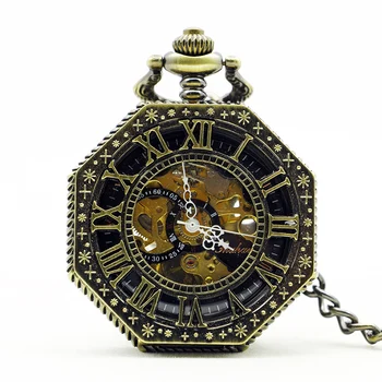 Neregulāra Sešstūra, Konstrukcijas Galvaskausa Mehāniskās Retro Kabatas pulkstenis Steampunk Stila Kungu Vīriešu Kaklarota, Kulons Pulkstenis